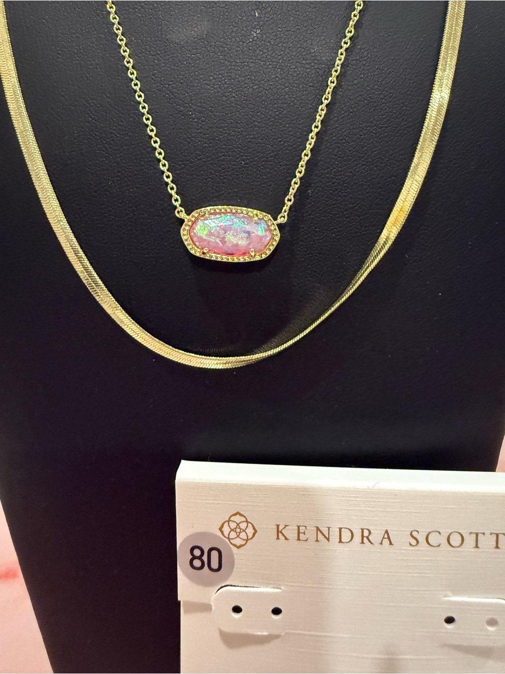 Kendra Scott | Gold Plated Pink Opal and Herringbone Dbl Layer Necklace | #80 - Picture 3 of 5